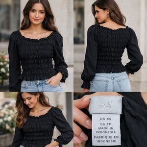 H&M Smocked Long Sleeve Peasant Blouse Black XS Cottagecore Boho Stretch Top